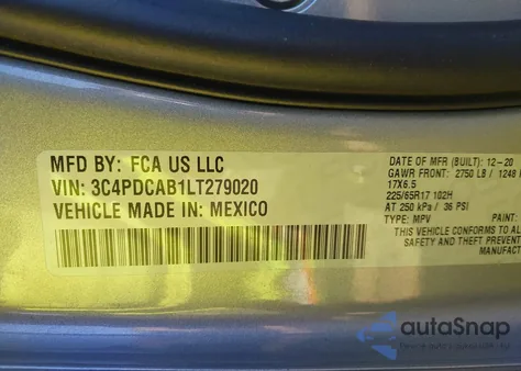 2020 Dodge Journey Se Value z USA, uszkodzony, nr VIN 3C4PDCAB1LT279020